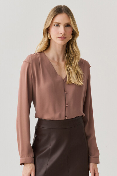 Foto Camisa Manga Longa Punho Decote V Ombro Aba Mini Botões