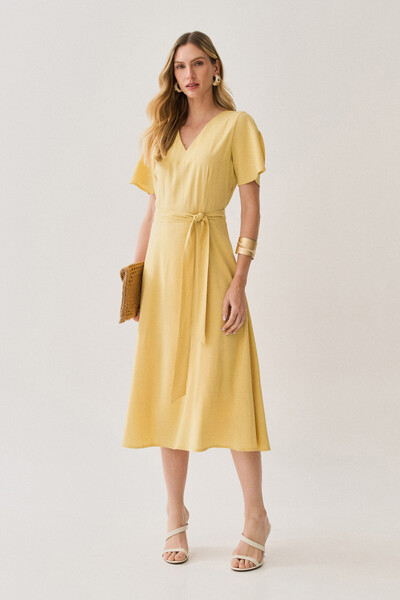 Foto Vestido Midi Evasê Manga Abertura Decote V Cinto
