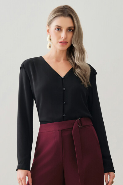 Foto Camisa Manga Longa Punho Decote V Ombro Aba Mini Botões