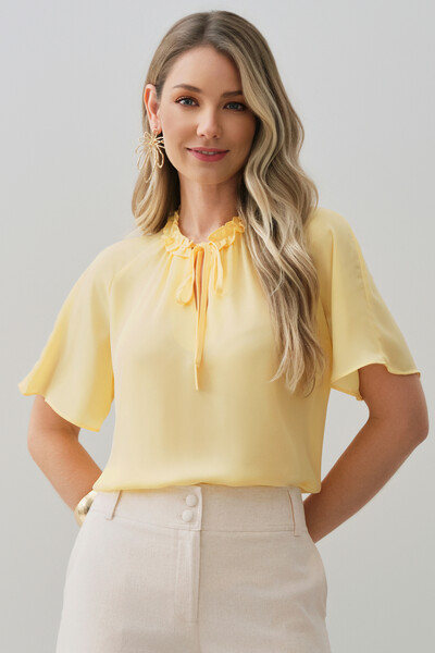 Foto Blusa Manga Reglan Gola Babadinho Decote V Laço