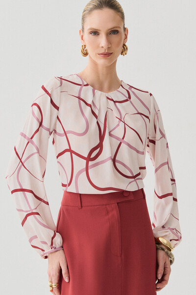 Foto Blusa Abstrata Manga Longa Decote Pregas