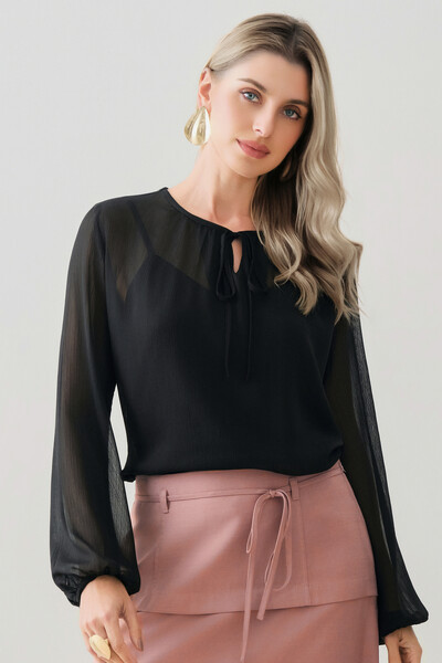 Foto Blusa de Chiffon Yoryu Manga Longa Decote Gota Laço