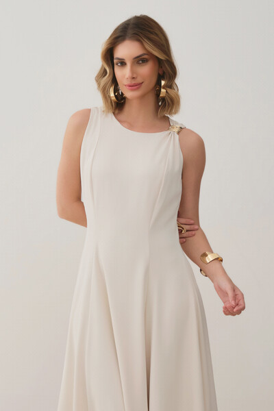 Foto Vestido Midi Evasê Regata Assimétrico Pregas Ombro Esquerdo Gold
