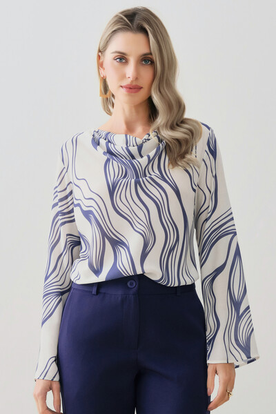 Foto Blusa Abstrata Manga Longa Flare Decote Drapeado