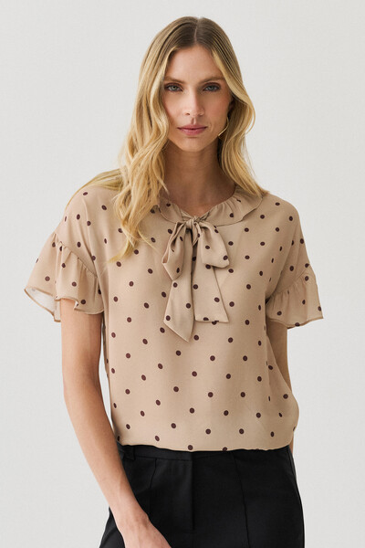 Foto Blusa Poa Manga Franzida Decote Babado Laço