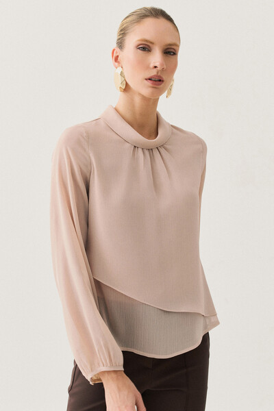 Foto Blusa Dupla Transpassada Assimétrica de Chiffon Yoryu Manga Longa Gola Dobrada