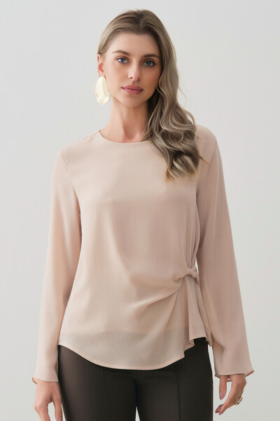 Foto Blusa Dupla Assimétrica de Chiffon Yoryu Manga Longa Evasê Lateral Drapeada