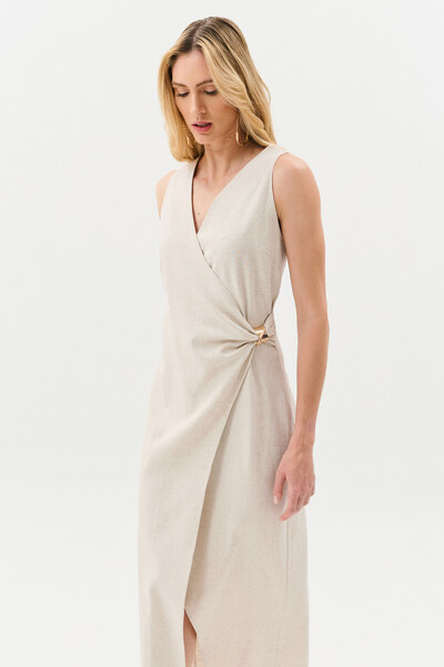 FotoVestido Midi Regata Transpassado de Linho Lateral Franzida Gold