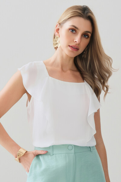 Foto Regata Decote Quadrado Recortes Babado Laço Costas