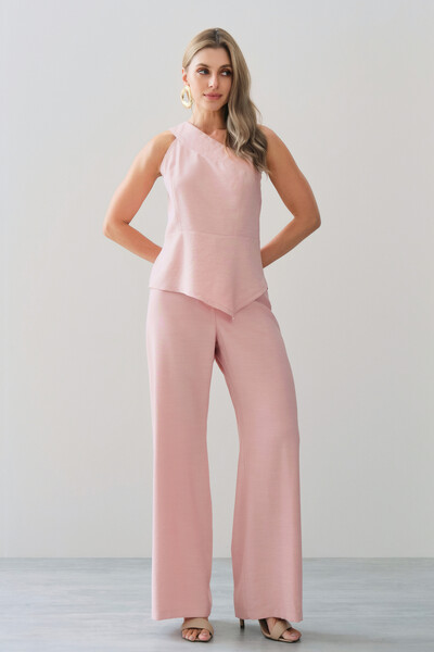 Foto Conjunto de Blusa Regata Assimétrica Um Ombro Só Recorte Cintura e Calça Wide Leg Botão Forrado