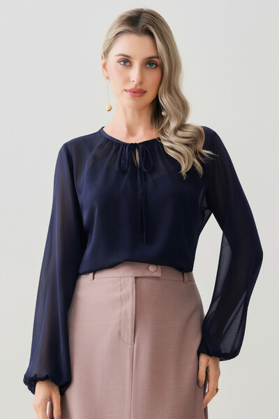 Foto Blusa de Chiffon Yoryu Manga Longa Decote Gota Laço