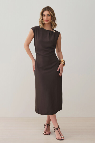Foto Vestido Midi Regata Assimétrica Decote Pregas Gold