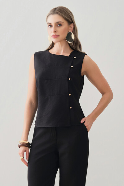 Foto Conjunto de Camisa Regata Assimétrica Pence Mini Botões Gold e Pantalona Slim