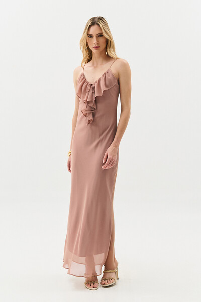 Foto Vestido Longo de Alcinha de Chiffon Yoryu Decote V Babado Laço