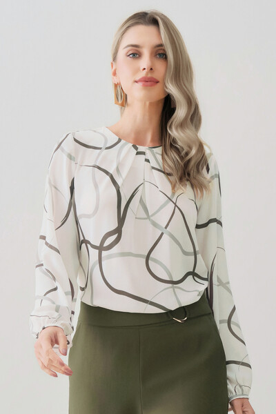 Foto Blusa Abstrata Manga Longa Decote Pregas