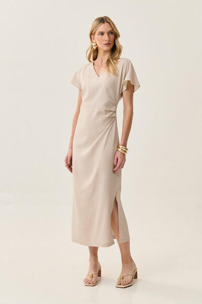 Foto Vestido Midi Assimétrico de Linho Manga Morcego Decote V Lateral Pregas