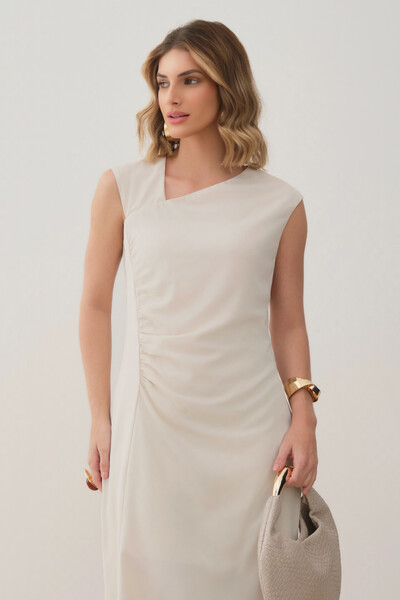 Foto Vestido Midi Regata Decote Assimétrico Franzidos