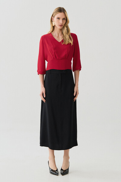 FotoBlusa Crop Manga 3/4 Decote V Cintura Pregas Double