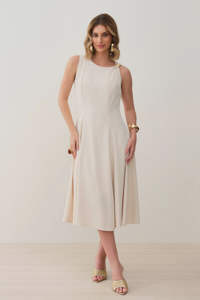 Foto Vestido Midi Evasê Regata Assimétrico Pregas Ombro Esquerdo Gold