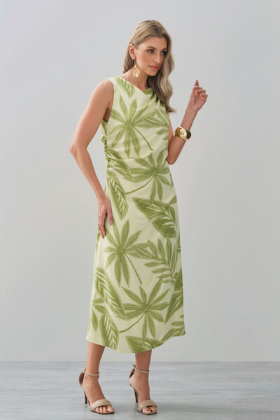 Foto Vestido Midi Regata Assimétrico Drapeado Folhagem Ombro Lateral Franzidos