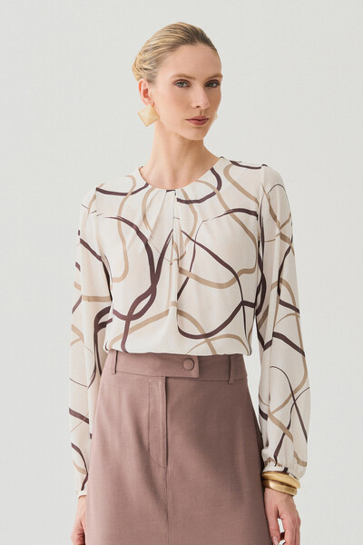 Foto Blusa Abstrata Manga Longa Decote Pregas