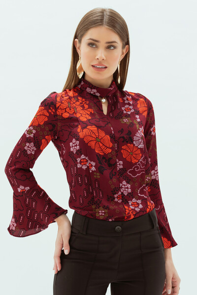 Foto Blusa floral étnica manga longa evasé gola dobrada pérola decote gota vazado