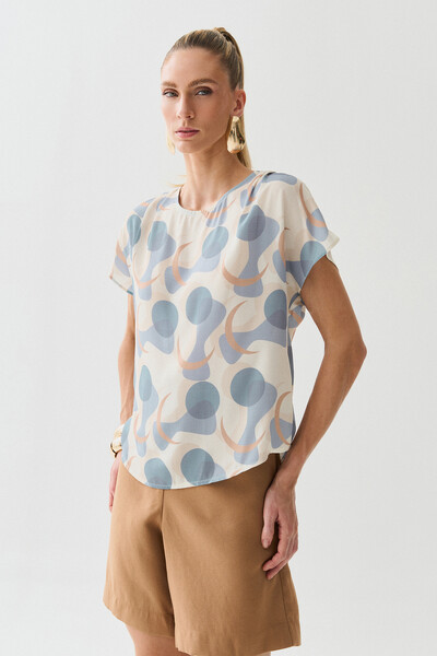 FotoBlusa Abstrata Manga Morcego Ombro Pregas Double