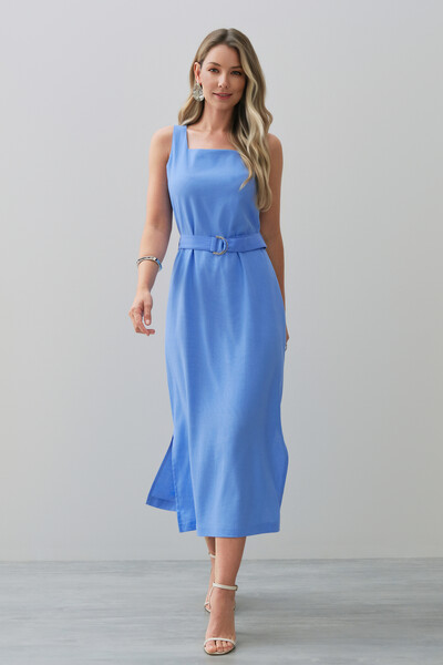 Foto Vestido Midi Regata de Linho Decote Quadrado Fendas Laterais Cinto Fivela