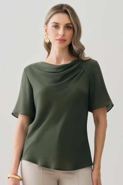 Foto Blusa Assimétrica Manga Evasê Decote Drapeado Ombro Recorte Franzidos