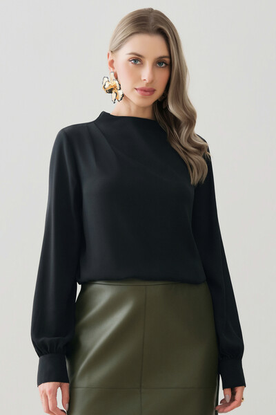 Foto Blusa Assimétrica Manga Longa Punho Double Gola Careca Baixa Ombro Direito Pregas Double