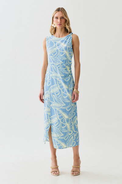 Foto Vestido Midi Regata Assimétrico Transpassado Folhagem Um Ombro Torcido Lateral Franzida