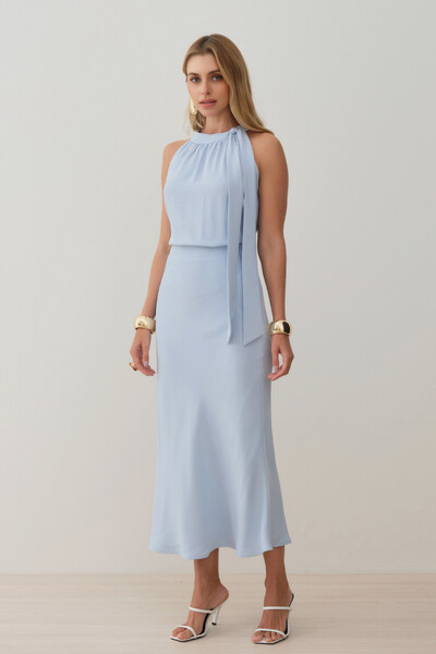 Foto Conjunto de Blusa Regata Frente Única Laço e Saia Midi Evasê