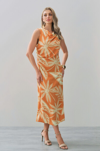 Foto Vestido Midi Regata Assimétrico Drapeado Folhagem Ombro Lateral Franzidos