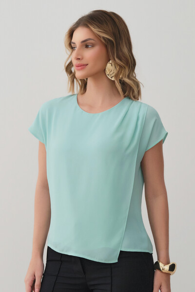 Foto Blusa Dupla Assimétrica Transpassada Manga Morcego Ombro Esquerdo Pregas Triple