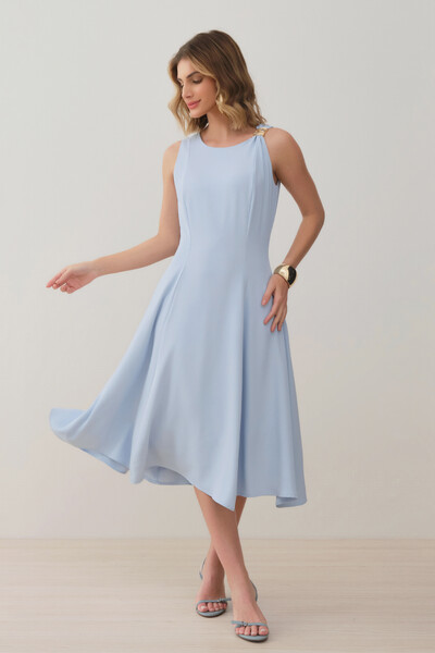 Foto Vestido Midi Evasê Regata Assimétrico Pregas Ombro Esquerdo Gold