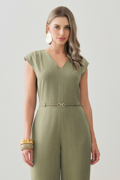 FotoMacacão Regata de Alfaiataria Decote V Ombro Pregas Cinto Fino Gold