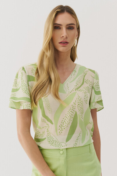 Foto Blusa Folhagem Manga Dupla Decote V