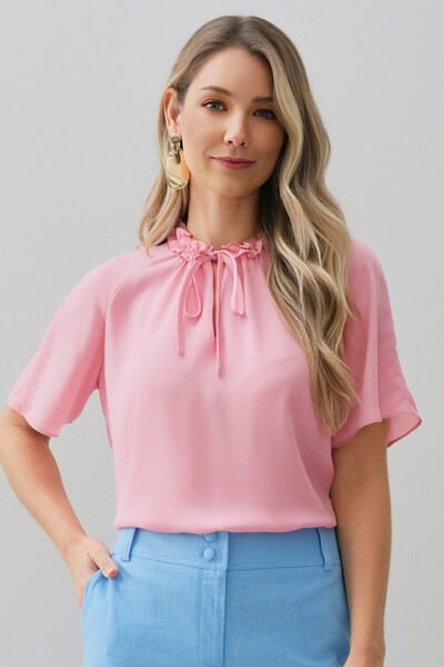 Foto Blusa Manga Reglan Gola Babadinho Decote V Laço