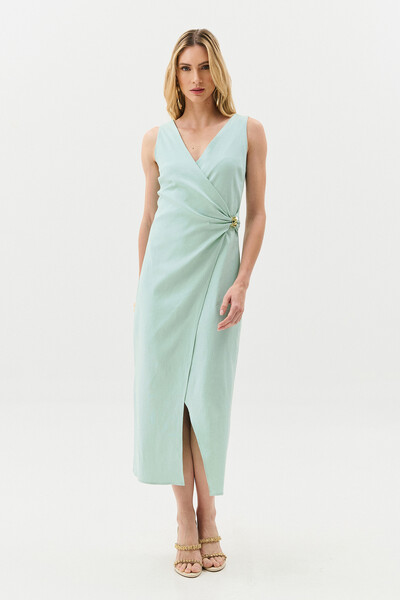 Foto Vestido Midi Regata Transpassado de Linho Lateral Franzida Gold