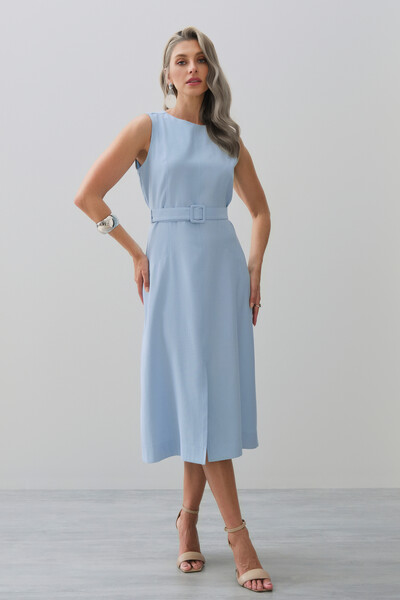 Foto Vestido Midi Regata de Alfaiataria Recortes Cinto Fivela Forrada Fenda Frontal