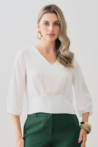 Foto Blusa Crop Manga 3/4 Decote V Cintura Pregas Double