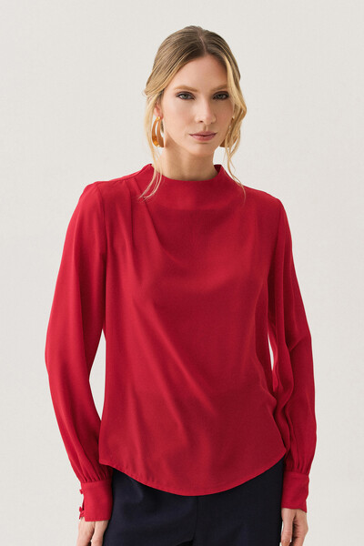 Foto Blusa Assimétrica Manga Longa Punho Double Gola Careca Baixa Ombro Direito Pregas Double