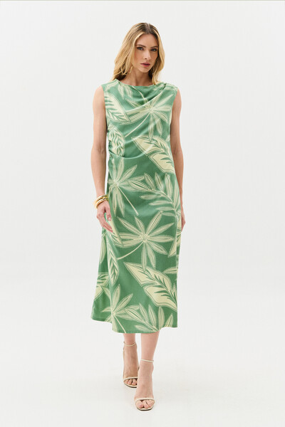 Foto Vestido Midi Regata Assimétrico Drapeado Folhagem Ombro Lateral Franzidos