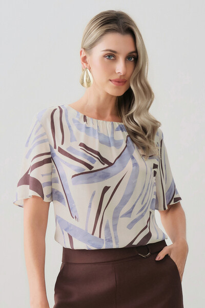 Foto Blusa Abstrata Manga Evasê Decote Franizido