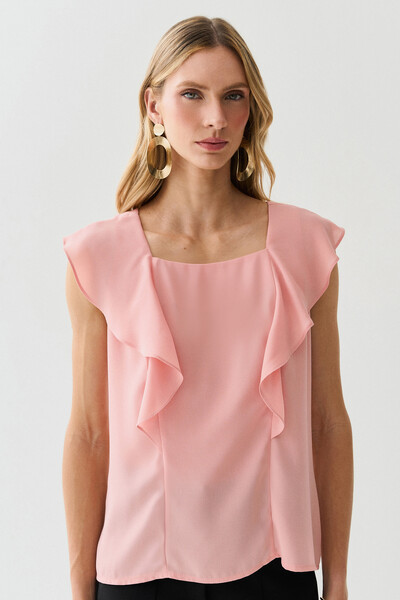 Foto Regata Decote Quadrado Recortes Babado Laço Costas