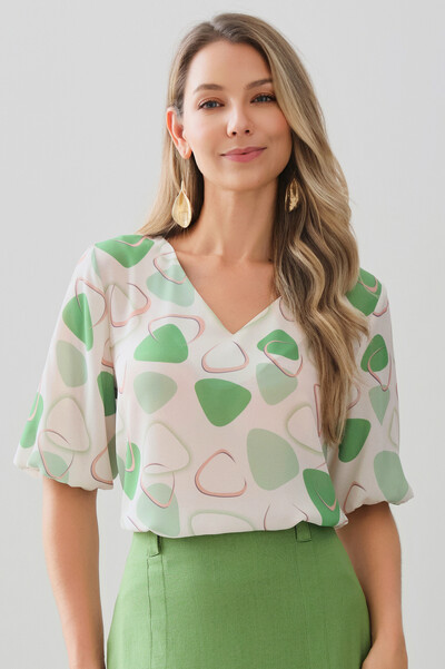 Foto Blusa Abstrata Triângulo Manga 3/4 Elástico Decote V