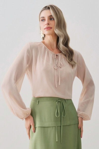 Foto Blusa de Chiffon Yoryu Manga Longa Decote Gota Laço