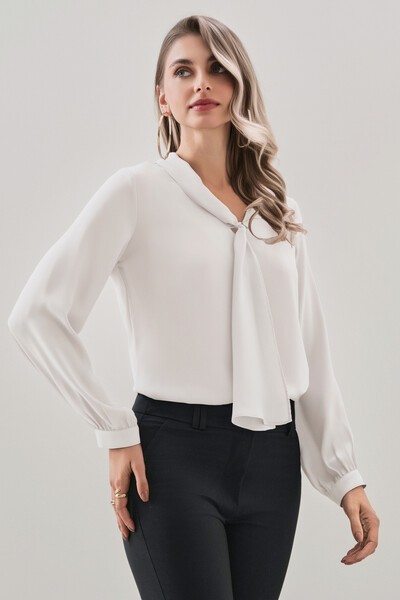 Foto Blusa manga longa punho gola dobrada laço gravata