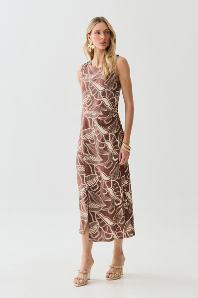 Foto Vestido Midi Regata Assimétrico Transpassado Folhagem Um Ombro Torcido Lateral Franzida