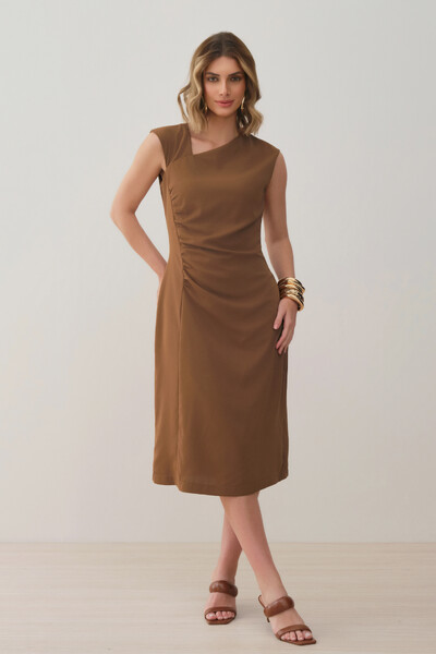 Foto Vestido Midi Regata Decote Assimétrico Franzidos